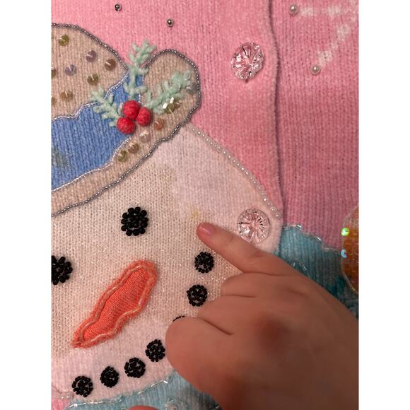 2000s Design Options Pastel Rainbow Christmas Snowman Chenille Glam Cardigan XL - Picture 3 of 10